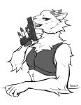  2021 anthro clothed clothing digital_media_(artwork) falvie felid female fur gun hi_res licking_gun looking_at_viewer mammal midriff monochrome open_mouth pawpads ranged_weapon signature simple_background solo teeth tongue tongue_out weapon white_background 