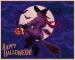  anthro big_butt boots bottomwear broom broom_riding butt canid canine canis chiropteran cleaning_tool clothing cloud dirtyyeen fingerless_gloves food footwear fruit gloves halloween handwear hat headgear headwear hi_res holidays jack-o&#039;-lantern male mammal moon mostly_nude muscular muscular_anthro muscular_male night plant pumpkin purple_body red_nose scarf shoegaze. smile solo star thong underwear witch_hat wolf 