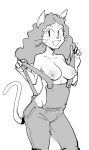  2021 aby_eyeshine anthro areola breasts clothing clothing_pull dbaru domestic_cat felid feline felis female hair hi_res kevin_and_kell looking_at_viewer mammal monochrome nipples overalls overalls_only presenting simple_background smile solo webcomic 
