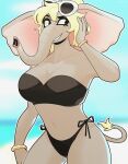  anthro big_ears bikini blonde_hair bracelet breasts clothing elephant elephantid eyewear female grey_body grey_skin hair hi_res jewelry mammal midriff outside proboscidean proboscis_(anatomy) rexumin smile solo standing sunglasses swimwear tail_tuft teeth trunk tuft 