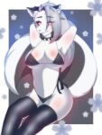  anthro canid canine canis clothing collar female fur hands_behind_head helluva_boss hi_res legwear loona_(vivzmind) mammal red_sclera solo spiked_collar spikes swimwear thigh_highs white_body white_fur whiteyonggari(artist) wolf 