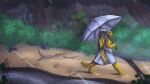  16:9 anthro creek dew_dragon dragon female forest grey_hair hair hi_res plant raining red_eyes river scales solo tree umbrella walking widescreen yellow_body yellow_scales 