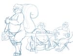  2021 anthro balls belly bravo canid canine canis domestic_dog erection genitals group humanoid_genitalia humanoid_hands humanoid_penis male male/male mammal masturbation mature_male mephitid moobs navel nipples overweight overweight_male penis sitting sketch skunk 