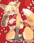  2020 anthro asian_clothing blonde_hair blush bodily_fluids canid canine clothing countershading cute_fangs dipstick_ears dipstick_tail east_asian_clothing female fox fox&#039;s_sister_(kinokoningen) fur gloves_(marking) hair hi_res inner_ear_fluff kemono kinokoningen leg_markings long_hair mammal markings multicolored_ears multicolored_tail ponytail red_eyes simple_background smile socks_(marking) solo sweat tan_body tan_fur translucent translucent_hair tuft white_body white_countershading 