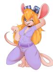  2021 absurd_res anthro blonde_hair breasts chip_&#039;n_dale_rescue_rangers clothing disney eyewear female gadget_hackwrench goggles goggles_on_head hair hi_res jumpsuit long_hair mammal mouse murid murine one_eye_closed open_mouth oumseven rodent simple_background smile solo white_background 