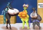  2021 anthro arthropod big_breasts blues64 blush breasts changeling cleavage clothed clothing crossgender digital_media_(artwork) english_text eyes_closed female fingers friendship_is_magic group hasbro hi_res hole_(anatomy) horn huge_breasts hyper hyper_breasts my_little_pony queen_chrysalis_(mlp) sinyxstra solo text thorax_(mlp) wings 