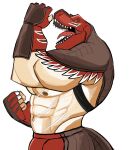  2021 abs absurd_res animal_head anthro big_muscles bottomwear clothing darknaigart dinosaur fingerless_gloves fist for_a_head gloves handwear hi_res king_of_dinosaurs king_of_fighters male muscular muscular_anthro muscular_male navel nipples open_mouth pants pecs reptile scalie scar sharp_teeth side_view simple_background snk solo standing teeth tongue video_games white_background 