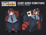  2021 ailurid anthro badge belt blush character_name clothed clothing dessert digital_media_(artwork) doughnut eating emanata english_text food fully_clothed fur goro_kobayashi hi_res joaoppereiraus male mammal model_sheet necktie nippon_3000_police_department overweight overweight_anthro overweight_male police police_hat police_officer police_uniform red_body red_fur red_panda sitting small_eyes smile solo standing striped_tail stripes text uniform 