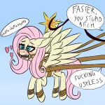  &lt;3 1:1 2021 bdsm bondage bound bridle equid equine female feral fluttershy_(mlp) flying friendship_is_magic gag harness hasbro hi_res horse mammal my_little_pony offscreen_character pegasus pony solo submissive submissive_female sufficient_(artist) text wagon whip whip_marks whipping wings 