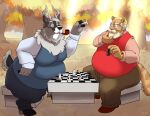 2020 anthro belly bottomwear bravo cervid chess clothing detailed_background duo eyewear facial_hair felid feline glasses male mammal mature_male mustache obese obese_male outside overweight overweight_male pants plant smoking sweater topwear tree ursid 