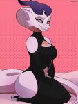  3:4 anthro bite biting_lip breasts cleavage cleavage_cutout clothed clothing female hi_res horn kneeling kobold pupils red_eyes reptile rexumin scalie slit_pupils smile solo thick_thighs tight_clothing 