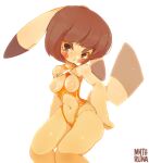  anthro big_breasts breasts brown_eyes brown_hair butt clothed clothing cute_face eyeliner female fur hair hi_res legwear long_ears long_tail looking_at_viewer looking_away makeup mythruna nintendo nipples orange_clothing partially_clothed paws pikachu pok&eacute;mon pok&eacute;mon_(species) presenting presenting_breasts red_cheeks short_hair solo thick_thighs tights video_games yellow_body yellow_fur 