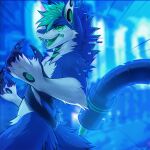  1:1 2021 5_fingers angiewolf anthro blue_body blue_fur canid canine claws digital_media_(artwork) fingers fur green_hair hair hybrid male mammal open_mouth smile solo teeth tongue 