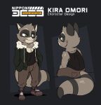  2021 absurd_res anthro bottomwear brown_body brown_fur clothed clothing digital_media_(artwork) footwear fully_clothed fur green_eyes hi_res joaoppereiraus kira_omori looking_aside looking_back male mammal model_sheet nippon_3000_police_department pants procyonid raccoon shirt shoes sitting solo standing striped_tail stripes tank_top topwear 