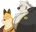  2021 anthro big_pecs blush bodily_fluids canid canine chest_tuft clothed clothing duo eyewear fox fur fuyuki_yamamoto_(odd_taxi) girl_staring_at_man&#039;s_chest glasses hi_res jacket looking_at_another looking_at_muscles male mammal meme muscular muscular_anthro muscular_male odd_taxi open_clothing open_jacket open_topwear pecs polar_bear scar sekiguchi_(odd_taxi) shirt simple_background splashburr stare sweat sweatdrop topwear tuft ursid ursine white_background 