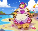 anthro beach beard belly belly_overhang big_belly body_hair chest_tuft clothed clothing cloud dessert eyewear facial_hair felid food fur glasses hair happy_trail hi_res ice_cream male mammal moobs nipples overweight overweight_anthro overweight_male pantherine purple_hair seaside sky solo syc tiger topless tuft umbrella yellow_body yellow_fur 