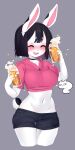  2019 anthro black_hair blush bottomwear breasts clothing digital_media_(artwork) female grey_background hair hi_res holding_beer lagomorph leporid mammal navel niniidawns open_mouth rabbit shaded short_hair shorts simple_background smile solo 