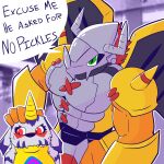  1:1 anthro bandai_namco dialogue digimon digimon_(species) digital_media_(artwork) duo fizzyjay gabumon hi_res humor looking_at_viewer male male/male mammal meme muscular muscular_male scalie simple_background wargreymon 