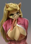  anthro big_breasts blonde_hair bra breasts callie_briggs clothed clothing clothing_in_mouth domestic_cat exposed_breasts eyewear fangs felid feline felis female fursin glasses hair hanna-barbera hi_res huge_breasts long_hair mammal necktie nipple_outline object_in_mouth open_clothing open_shirt open_topwear shirt solo swat_kats topwear underwear 