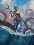  anthro bident biped blue_body blue_skin bottom_heavy breasts clothed clothing cloud day detailed_background dripping dripping_wet female fin forehead_gem front_view half-closed_eyes hasbro holding_object holding_weapon kiora looking_at_viewer looking_down low-angle_view magali_villeneuve magic:_the_gathering marine medium_breasts merfolk midriff narrowed_eyes navel neutral_expression official_art outside partially_submerged pinup portrait pose pseudo_clothing pseudo_hair skimpy sky solo split_form tentacles thick_thighs water weapon wet wide_hips wizards_of_the_coast 