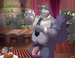  2021 anthro balls belly black_nose bravo canid canine canis detailed_background disney eyes_closed eyewear facial_hair fox genitals gideon_grey glasses group humanoid_genitalia humanoid_hands humanoid_penis inside male mammal mature_male mustache navel necktie overweight overweight_male penis wolf zootopia 