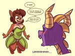  2018 activision anthro arm_wraps blush bodily_fluids bottomless breasts brown_body brown_hair brown_skin cervid cleavage cleft_of_venus clothed clothing dialogue digital_media_(artwork) dragon dress duo elora english_text faun_(spyro) female feral genitals green_eyes hair hi_res horn humanoid_hands interspecies jaw_drop komdog male male/female mammal open_mouth open_smile peach_pussy predator/prey purple_body purple_skin pussy red_nose smile speech_bubble spyro spyro_reignited_trilogy spyro_the_dragon surprise sweat text thick_thighs video_games wavy_horn white_body white_skin wide_hips wraps 