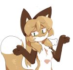  2021 anthro averi_(fiddleafox) big_eyes blush breath brown_body brown_fur brown_hair canid canine casual_nudity digital_media_(artwork) dipstick_tail female fiddleafox fox fur gloves_(marking) green_eyes hair hi_res mammal markings multicolored_tail sfw_nudity shrug simple_background smug solo white_body white_fur 