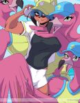  anthro avian ball baseball_(ball) baseball_cap beak bird black_nose blue_hair bottomwear brand_new_animal breasts canid canine clothed clothing feathers female flamingo group hair hat headgear headwear hi_res mammal michiru_kagemori open_beak open_mouth pink_body pink_feathers raccoon_dog shirt shorts studio_trigger tank_top topwear yawg 