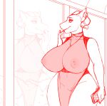  2021 anthro areola barely_visible_genitalia barely_visible_pussy big_breasts breasts clothing curvaceous curvy_figure ear_piercing ear_ring female genitals horn huge_breasts iriedono nipples piercing purse pussy reflection reptile scalie solo translucent translucent_clothing voluptuous 