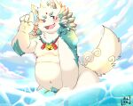  2021 agyou anthro asian_mythology belly blue_body blue_fur blush detailed_background dragon_night800 east_asian_mythology foo_dog fur hi_res japanese_mythology kemono komainu male mammal moobs mythology navel nipples one_eye_closed outside overweight overweight_male pubes solo tokyo_afterschool_summoners video_games water white_body white_fur wink young yōkai 