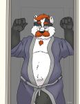  2021 anthro badger belly black_body black_fur black_nose bravo clothing facial_hair fur male mammal mature_male mustache mustelid musteline navel overweight overweight_male robe solo white_body white_fur 