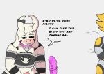  after_masturbation alphys anthro asriel_dreemurr_(god_form) barely_visible_genitalia barely_visible_penis blush bodily_fluids bovid bow_tie caprine clothing collar cosplay cum dialogue duo english_text female genital_fluids genitals goat hi_res hoaxy horn jumpsuit maid_uniform male male/female mammal markings penis saliva saliva_string scalie sex_toy sweat text tired undertale uniform video_games 