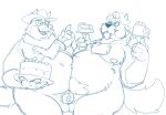  2021 anthro balls belly blue_and_white bravo cake canid canine canis clothing dessert domestic_dog duo eating eyewear facial_hair food genitals glasses hat headgear headwear humanoid_hands male male/male mammal mature_male monochrome moobs mustache nipples overweight overweight_male penis simple_background sketch white_background wolf 