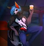  2016 abs anthro black_nose blue_hair canid canine clothed clothing digital_media_(artwork) ear_piercing ear_ring fingers genitals hair hi_res male mammal pacevanrign penis piercing shirtless solo 
