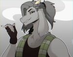  anthro bovid caprine cigarette cigarette_smoke clothed clothing fingerless_gloves floppy_ears fur gloves goat grey_body grey_fur handwear horn looking_at_viewer male mammal rexumin scarf shirt smile smoking solo tank_top teeth topwear 