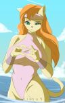  accessory anthro big_breasts breasts cleo_catillac clothing domestic_cat felid feline felis female fursin gesture green_eyes hair hand_heart headband heathcliff_and_the_catillac_cats hi_res mammal navel_outline one-piece_swimsuit orange_hair partially_submerged sea sky solo swimwear water wrist_cuff 