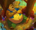  anthro belly big_belly blue_clothing blue_topwear bottomwear brown_body brown_fur clothed clothing forest fur green_bottomwear green_clothing green_pants hi_res male mammal moobs open_clothing open_topwear outside overweight overweight_anthro overweight_male pants plant sitting sleeping solo syc topwear tree ursid water 