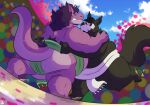  absurd_res anthro asian_clothing black_body black_fur bodily_fluids clothed clothing dragon duo east_asian_clothing fur hair hi_res japanese_clothing male mammal mawashi outside overweight overweight_anthro overweight_male purple_body purple_hair sumo sweat syc topless 