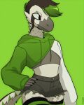  4:5 ambiguous_gender anthro bottomwear clothing cutoffs denim denim_clothing dinosaur dromaeosaurid green_background hair hi_res hoodie leggings legwear midriff multicolored_hair nails reptile rexumin scalie shorts simple_background smile solo theropod thigh_highs topwear two_tone_hair 