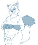  2021 anthro balls belly blue_and_white bravo canid canine erection eyewear fox genitals glasses humanoid_genitalia humanoid_hands humanoid_penis male mammal monochrome moobs navel nipples overweight overweight_male penis simple_background sketch solo white_background 