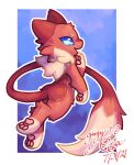  2021 ambiguous_gender blue_background blue_eyes border dipstick_tail fluffy fur gingy_k_fox legendary_pok&eacute;mon looking_at_viewer mew multicolored_tail nintendo pawpads paws pink_pawpads pok&eacute;mon pok&eacute;mon_(species) red_body red_fur shaded signature simple_background solo video_games white_border 