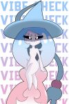  2020 2:3 absurd_res black_sclera blue_hair blush blush_stickers breasts clothing english_text female grey_body grey_skin hair hat hatterene headgear headwear hi_res humanoid long_hair nintendo pink_hair pok&eacute;mon pok&eacute;mon_(species) short_stack small_breasts smile solo text text_background video_games white_eyes witch_hat 