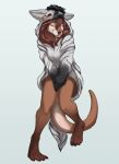  anthro black_body black_fur blep bottomless breasts brown_body brown_fur clothed clothing covering covering_crotch death faeseiren female fur fur_clothing gore grey_body grey_fur hair hi_res hoodie hyaenid lutrine mammal mustelid one_eye_closed skin_suit skinned smile solo tongue tongue_out topwear wink 