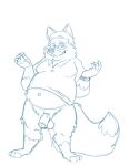 2020 anthro balls bravo canid canine clothing eyes_closed eyewear flaccid fox genitals glasses hi_res humanoid_hands male mammal mature_male navel overweight overweight_male penis shirt simple_background sketch solo topwear white_background 