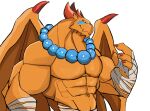  2021 abs absurd_res anthro arm_wraps bead_necklace beads biceps big_muscles breath_of_fire capcom darknaigart draconic dragon garr_(breath_of_fire) guardian hi_res horn jewelry male markings monk muscular muscular_anthro muscular_male navel necklace orange_body pecs scalie simple_background solo video_games white_background wings wraps 