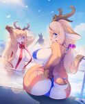  accessory adjusting_clothing adjusting_swimsuit anthro antlers bell big_breasts big_butt bikini bikini_thong blonde_hair blush breasts butt camel_toe capreoline cervid clothed clothing curvy_figure digital_media_(artwork) duo_focus female front_view fur group hair hair_accessory hairband hi_res horn looking_at_viewer looking_back mammal one_eye_closed outside partially_submerged rear_view reindeer ribbons shaded side-tie_bikini sitting skimpy sling_bikini swimming_pool swimwear voluptuous water wet whooo-ya wide_hips 