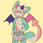  anthro balls bottomwear canid canine canis celsius_(collbutter) clothing collbutter demon domestic_dog dragon erection fox genitals hybrid knot male mammal penis shorts simple_background solo spade_tail wings yellow_background 