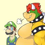  anthro armband belly blush bowser clothing collar dama624 duo eyebrows facial_hair girl_staring_at_man&#039;s_chest green_clothing hair horn human koopa luigi male mammal mario_bros muscular muscular_anthro muscular_male mustache nintendo pecs red_eyes red_hair reptile scalie simple_background spiked_armband spiked_collar spikes video_games 