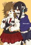  anthro atori black_hair blush blush_lines bottomwear brown_eyes brown_hair canid canine canis clothed clothing dalmatian domestic_dog duo eating eye_contact female food hair hi_res holding_person hug long_hair looking_at_another mammal necktie one_eye_closed pawpads shiba_inu simple_background skirt spitz standing yellow_background 