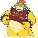  anthro armband bariumfox bowser bowser_day bracelet clothing collar eyebrows hair hi_res horn jewelry koopa male mario_bros nintendo overweight overweight_anthro overweight_male red_hair reptile scalie shell shirt simple_background solo spiked_armband spiked_bracelet spiked_collar spiked_shell spikes spikes_(anatomy) text text_on_clothing text_on_shirt text_on_topwear topwear video_games 